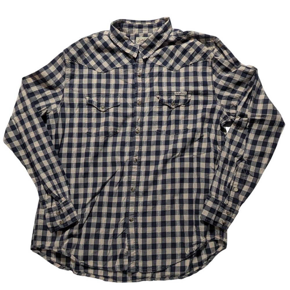 Lucky Brand Mens XL Blue Gingham Western Pearl Snap Long Sleeve Shirt Yoke